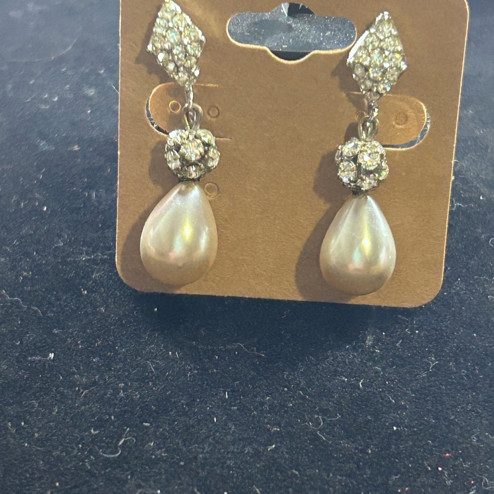 Clip faux Pearl Drop Earrings with Crystal Accents